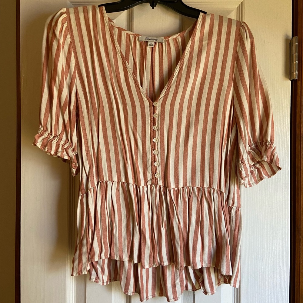 Madewell V-Neck Pink Striped Peplum Top